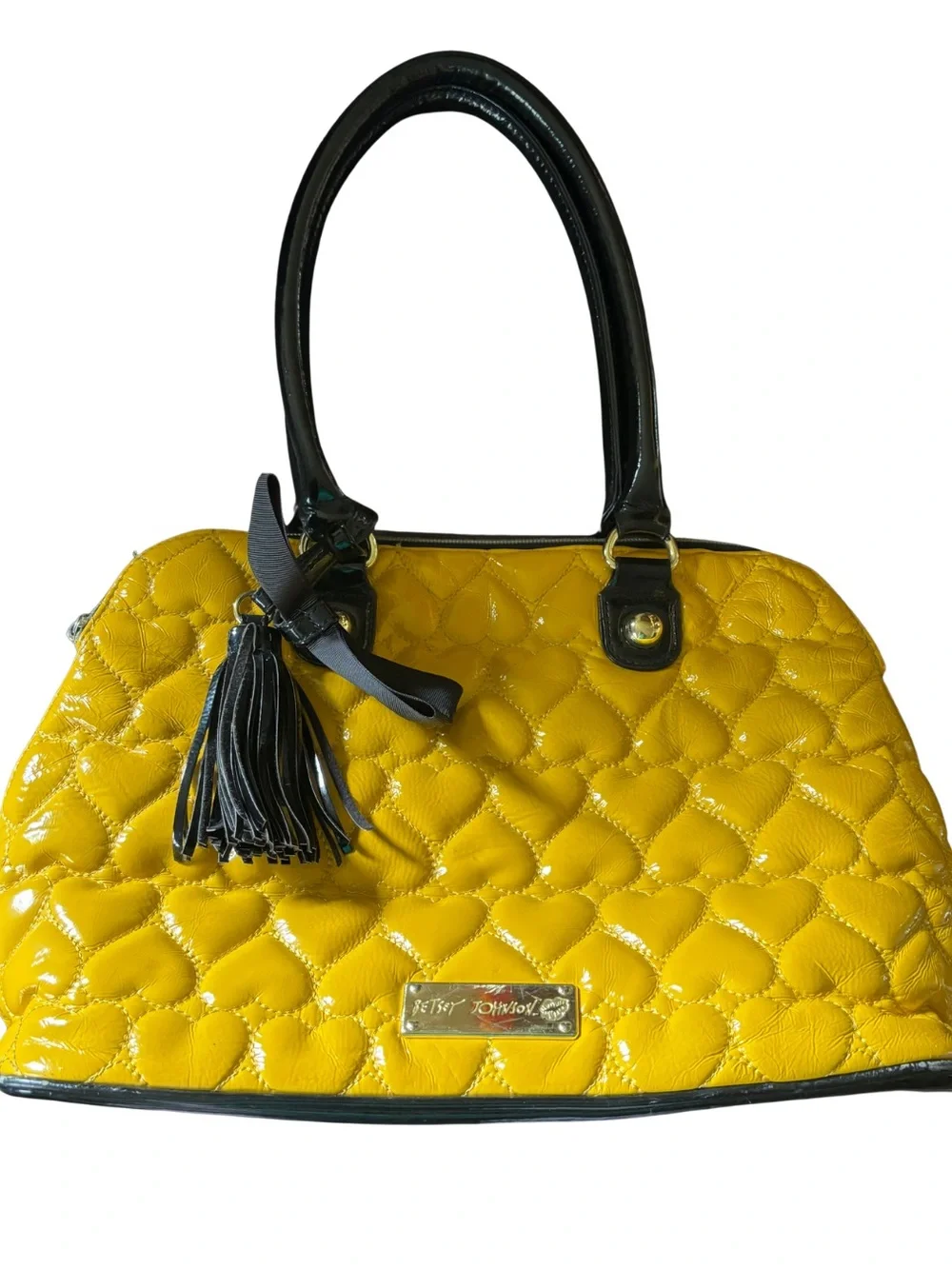 Betsey Johnson Yellow Quilted Heart Dome Satchel with Black Trim